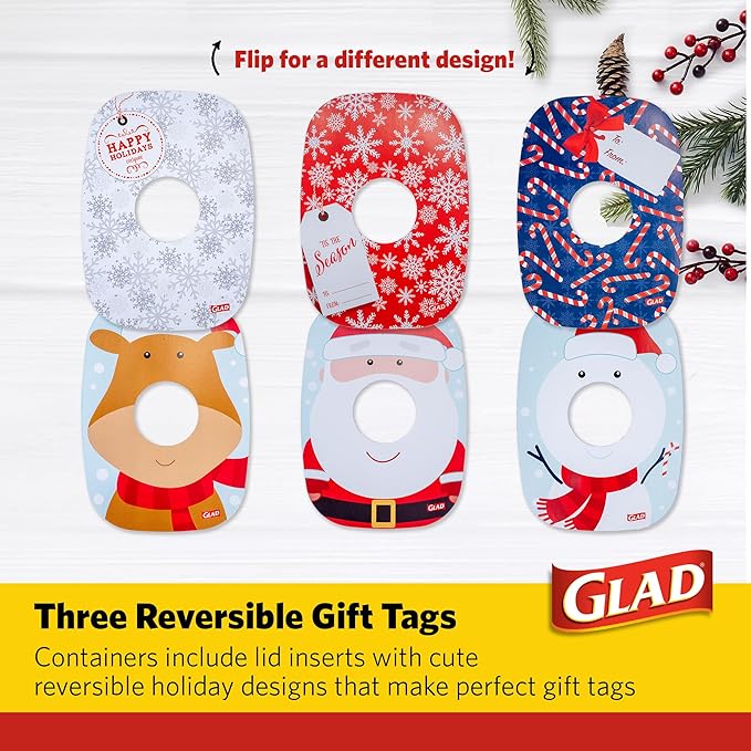 Glad GladWare Holiday Food Storage Containers with Reversible Gift Tags, Large Rectangle BPA Free Plastic for Holiday Cookies and Gifting, Microwave Freezer Dishwasher Safe, 64 Oz, 3 Count