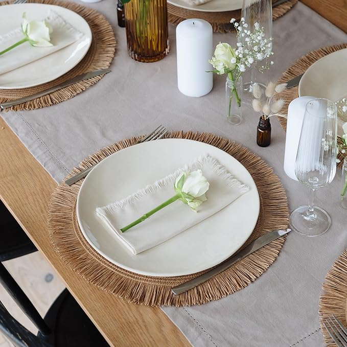 Decorative Boho Table Placemats Set of 6 with Matching Linen-Textured Napkins - Beautiful Natural Decor Elevates Your Dining Room or Kitchen Setting - Easy to Style & Mix with Linen Inspired Material
