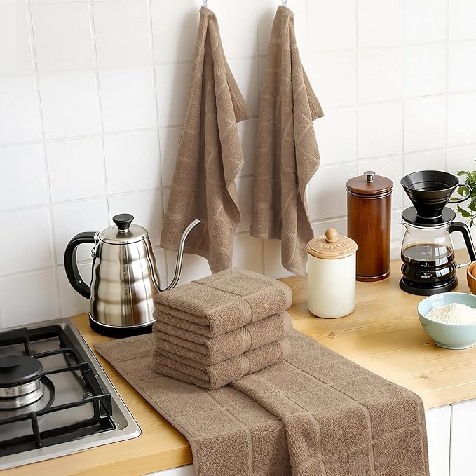 Homaxy Premium Kitchen Towels 18"x28", 4 Pack Large Cotton 380 GSM Dish Towels, Soft and Absorbent Kitchen Hand Towels with Terry Grid Design, Utility Tea Towel Set with Hanging Loop, Khaki