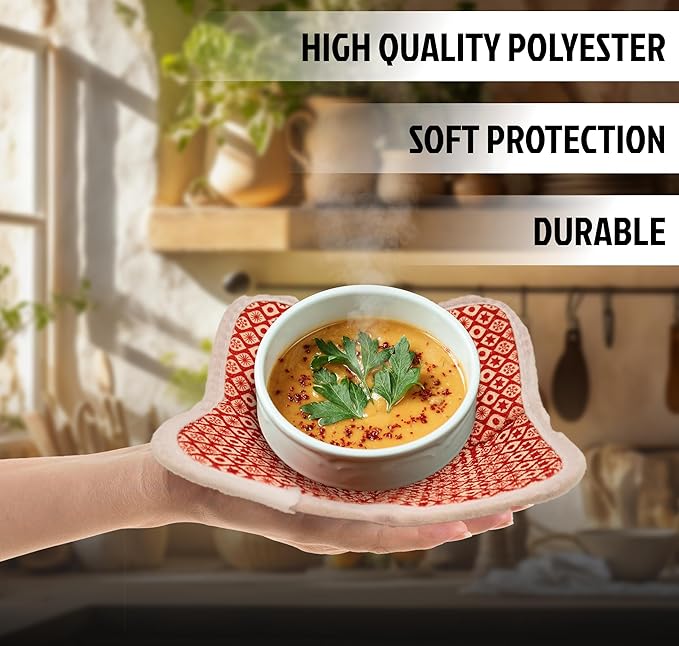 Set of 2 Microwave Bowl 4x7x7 Inch Polyester Cloth Hot Pads with Red Pattern - Multipurpose Heat Resistant Plate Holders - Ramen Pot Cozy or Soup - Pot Holder Microwavable Bowl Cozies for Food