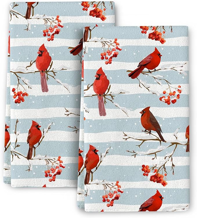 Winter Birds Cardinal Christmas Decor Kitchen Towels Decorative Set Soft Absorbent Hand Towels for Kitchen Bar Tea Towels Christmas Holiday Decor Gifts 16x24 Inch