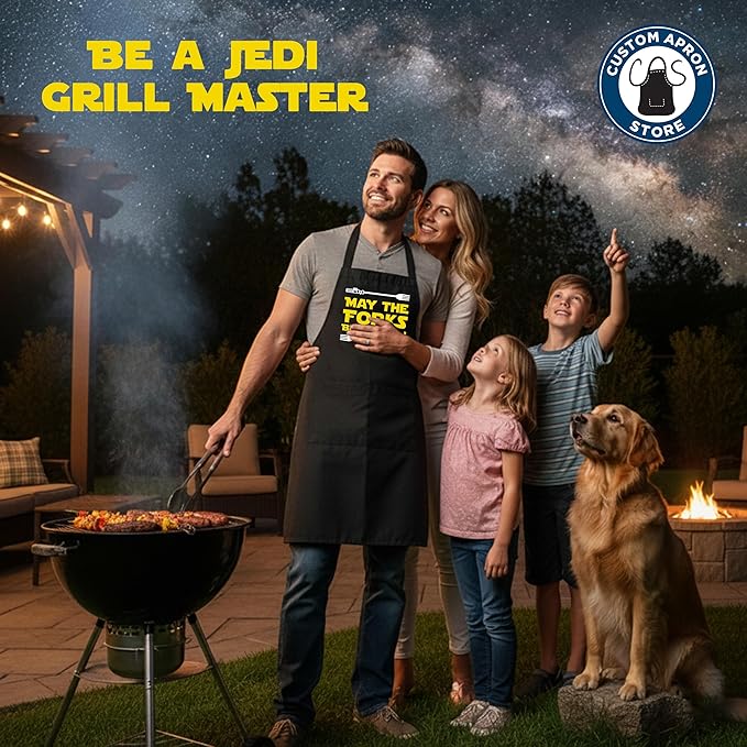 Adult Cooking Apron | May The Forks Be With You | BBQ Grill or Kitchen Apron with Pockets | Fun Grilling Accessories