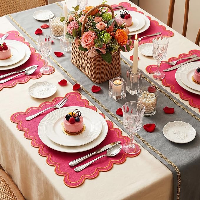 Linen Placemats Set of 12 Scalloped Placemat 13 X19 Wavy Embroidery Double Layered Washable Farmhouse Dinner Fabric Table Mat Napkin for Wedding Party Christmas Hotel Restaurant(Rose Pink)
