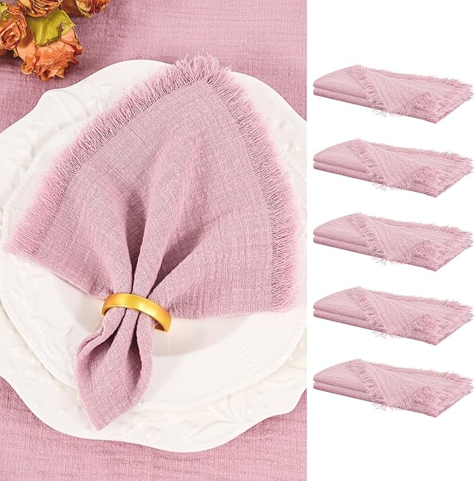 Showgeous 10 Pack Dusty Rose Cloth Napkins with Fringe 16x16 inch 100% Cotton Napkins Handmade Dinner Napkins Bulk Washable Soft Rustic Table Napkins for Wedding Parties Bridal Baby Shower