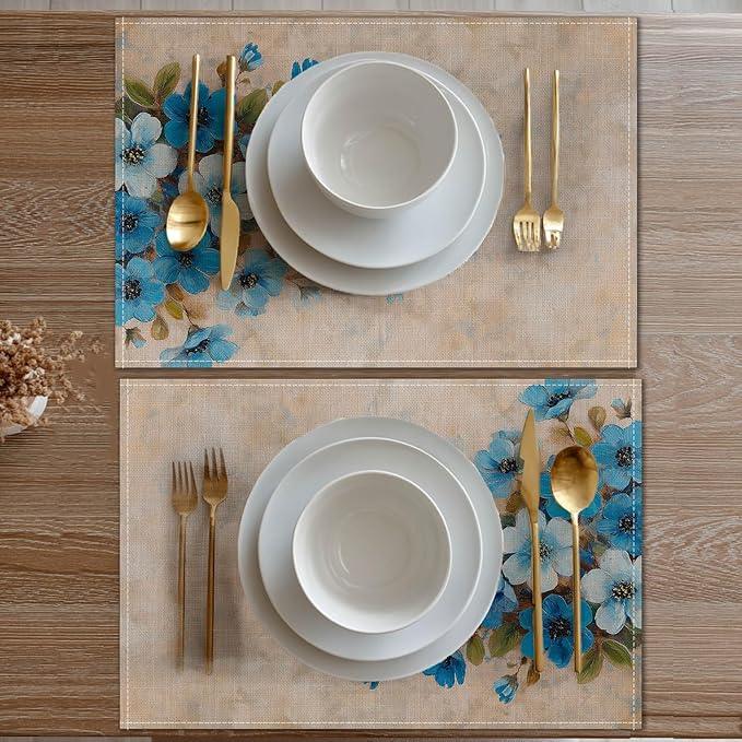 HOMETITUTE Placemats Set of 4 12x18 inch Spring Table Mats for Dining Table Painted Floral Linen Placemats Farmhouse Decorations Kitchen Decor Desk Mat for Outdoor Home Party Kitchen Seasonal Dining