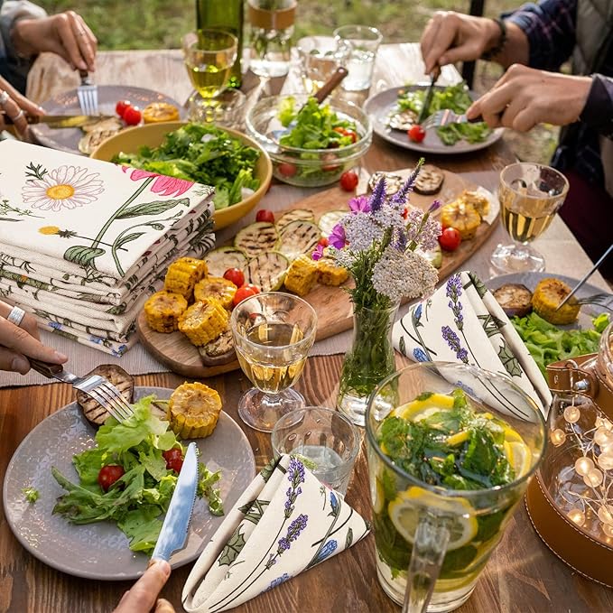 Funnymoom 36 Pcs Herbs and Wild Flowers Cloth Napkins Floral Plants Reusable Napkins Country French Toile Dinner Soft Absorbent for Summer Holiday Party
