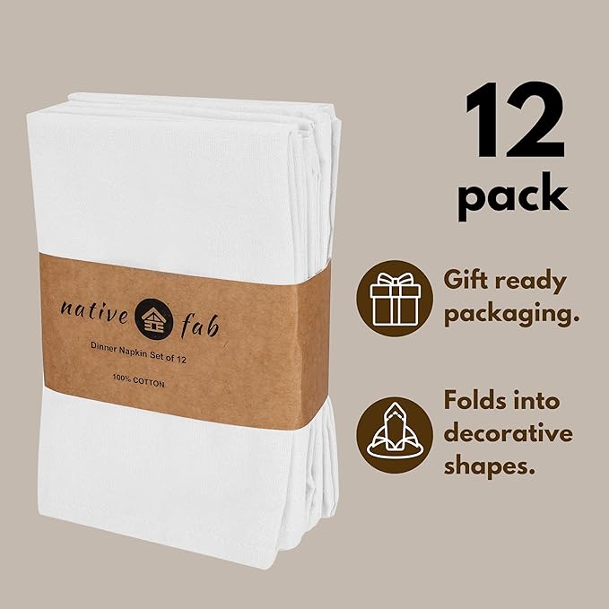 Native Fab Cloth Napkin Set of 12, 100% Cotton, Washable Fabric, Reusable Cloth Napkin 17x17 inches, Table Decor Napkins for Wedding, Dinner, Events - White