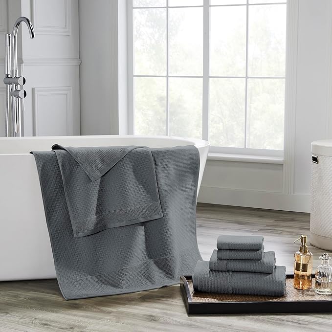 Modern Threads Waffle-Rib 6-Piece Towel Set – Premium Cotton Bath Towels, Ultra-Absorbent & Soft, Elegant Waffle Texture for Bathroom & Spa, Carbon