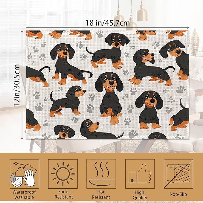 Dog Dachshund Placemats Set of 6, Grey Paws Waterproof Non-Slip Washable Table Mats for Kitchen Dining Holiday Party Wedding Decor 12x18 Inch