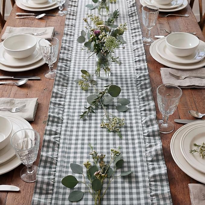 HunnmingRe 1 Pcs Light Grey Plaid Gingham Ruffle Table Runner 72 x 13.8'' Farmhouse Table Runner 100% Cotton Scalloped Long Dresser Scarves for Dining Room, Wedding, Kitchen Rustic Home Decor