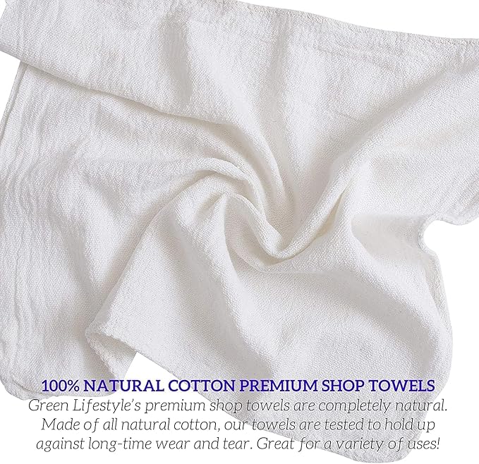 GREEN LIFESTYLE Shop Towels 12" x 14" 100 Pack - White Cotton Shop Towels, Cleaning Rags Bulk, Reusable Shop Rags, Absorbent Terry Cloth Cleaning Towels for Garage, Automotive, Industrial and Home Use