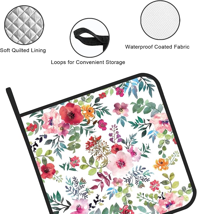 Watercolor Floral Flowers Pot Holders Set of 2 Kitchen Heat Resistant Potholder for Microwave Cooking Baking Oven End Dishes and BBQ