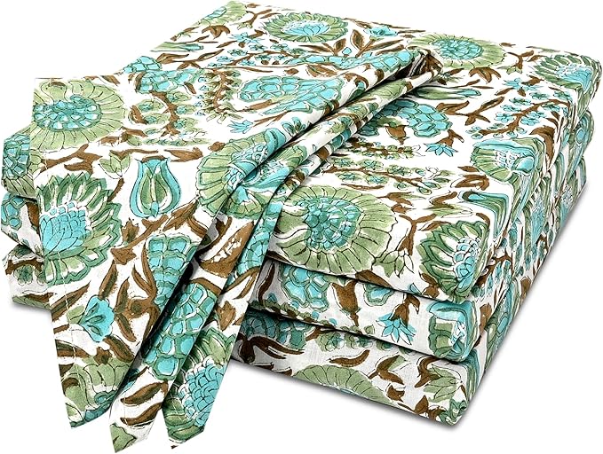 CPC Cloth Napkins Set of 4 Cotton Printed Dinner Hand Print Napkins I Wedding Cocktail Cloth Floral Napkins I 18x18 in I Aqua Green