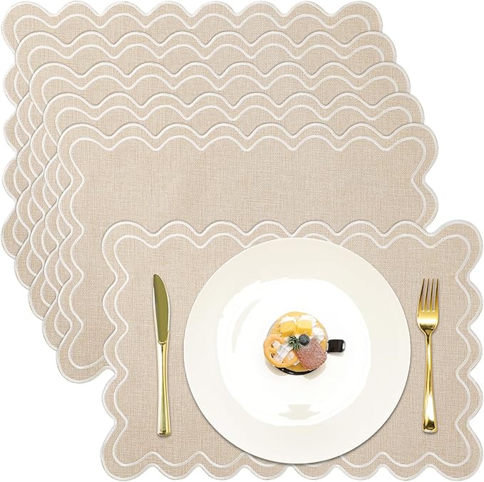 HunnmingRe Set of 6 Cotton Linen Placemats, 13x19 Inch Scalloped Wavy Embroidery Placemat Double Layered Washable Rustic Rectangle Dinner Table Mats for Wedding Home Decor(Beige with Creamy White)