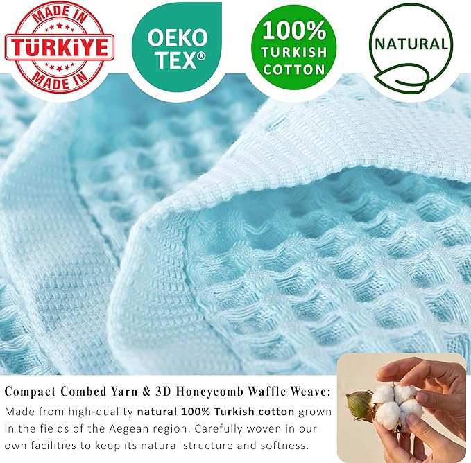 PÜSKÜL Natural 100% Turkish Cotton Waffle Kitchen Towels Set of 3 | Oeko-Tex, Premium Waffle Hand Towels for Bathroom | Soft Absorbent Quick-Dry Lint-Free Dish Towel Large 32x16 inch (3, Turquoise)