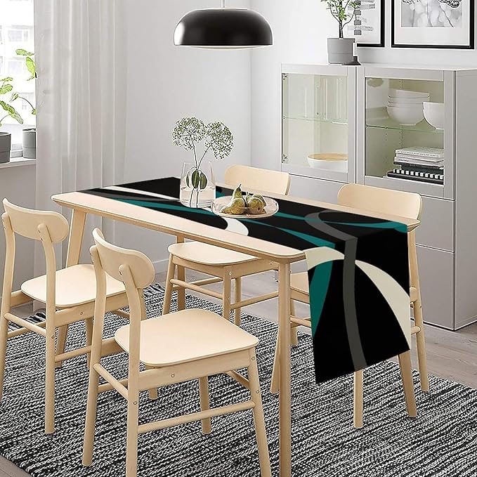 Abstract Geometric Table Runner Dark Teal Grey and White Striped Black Background Modern Kitchen Dinner Runner for Indoor Home Living Room Party Dining Table Decoration 13"x108"