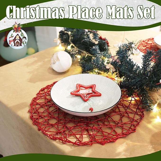 AHHFSMEI Paper Braided Round Placemats Set of 12 Natural Non-Slip Heat Resistant Table Mats for Dining Tables Woven Indoor & Outdoor Place mats (Red)