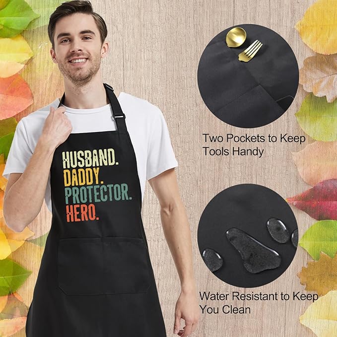 Chef Aprons for Men Women with Pockets, Kitchen Apron for Cooking Grilling Gifts for Dad Mom Birthday Christmas