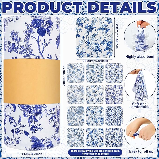Tinlade 36 Pack Reusable Cleaning Cloths Washable Cotton Kitchen Towels Bulk 11.81 x 9.84 Inches Absorbent Dish Towels Roll for Home Kitchen Cleaning Supplies 12 Styles (Swedish Blue Floral)