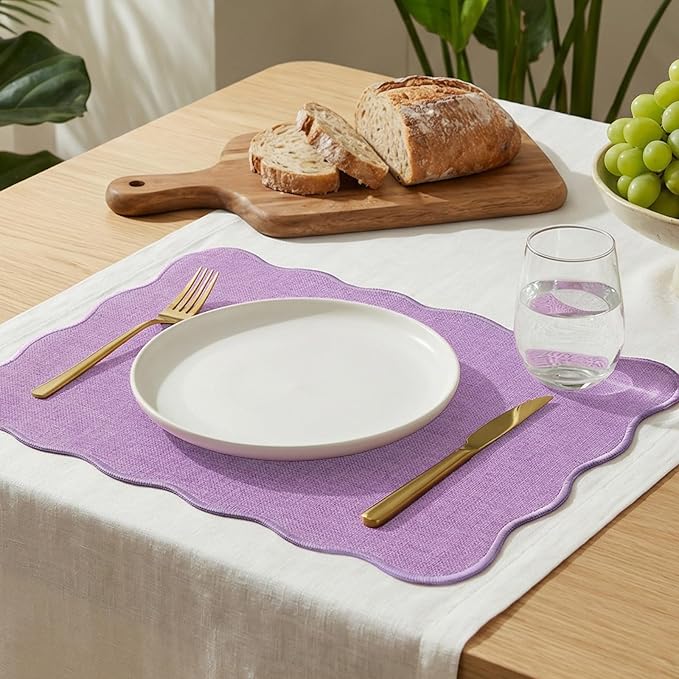 AHHFSMEI Faux Linen Placemats Set of 6 Heat Resistant Non-Slip Stain Proof Table Mats for Kitchen Dining Elegant Decor Place Mats (Purple)