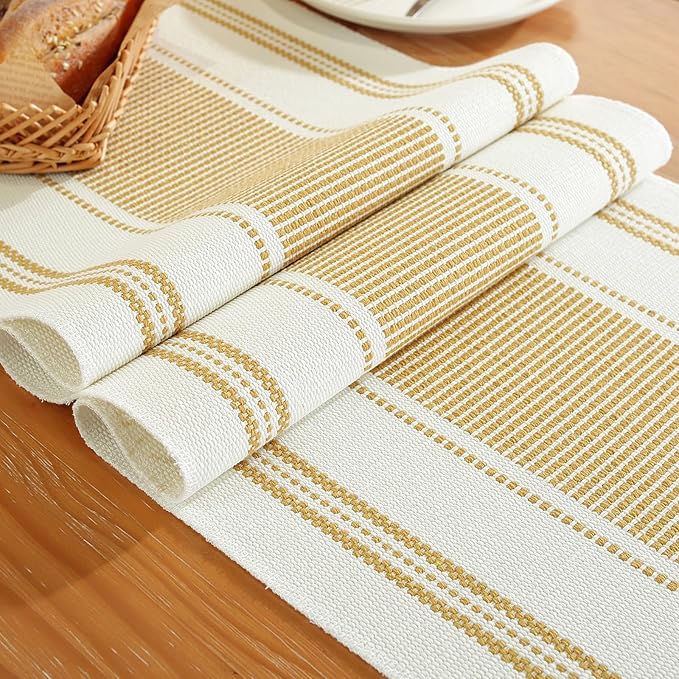 Niviy Gold Table Runner with Tassels, 90 Inches Long Farmhouse Macrame Cotton Linen Woven Runners for Summer Home Decor, Gold Table Decorations for Event Party, Christmas (Yellow, 12"×90")