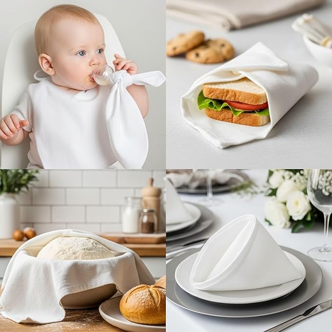 WHITEWRAP Flour Sack Towels 100% Cotton Dish Towel Reusable Baking Cloth for Bread Dough, Baguettes, Pastries, Machine Washable, Kitchen Towels for Cleaning – Set of 24 (18"x18") - White