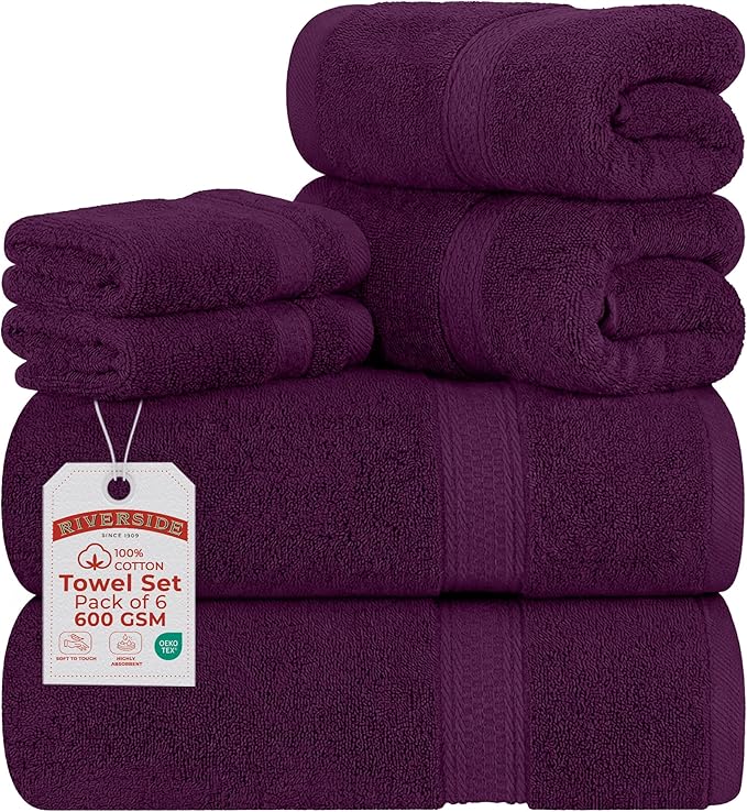 RIVERSIDE Luxury 6 Piece Towel Set, 2 Bath Towels, 2 Hand Towel, 2 Wash Cloths, 100% Cotton, 600 GSM Hotel Quality, Soft, Highly Absorbent Towels for Bathroom, Purple Towel Sets