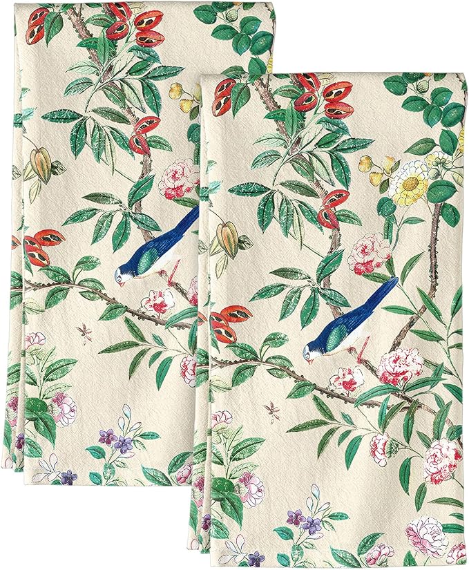 Miss Adola Flour Sack Kitchen Towels - Set of 2 Spring Dish Towels with Hanging Loop 18x26 Inch Absorbent Reusable Cotton Cloths for Cleaning Cute Design Home Decorative Housewarming, Leaf Flower Bird
