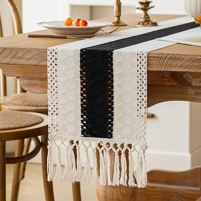 FEXIA Boho Table Runner for Home Decor with Tassels 60 Inches Long,Black Farmhouse Rustic Table Runner Macrame Burlap Table Decoration for Living Room Bridal Shower(12x60 Inches)