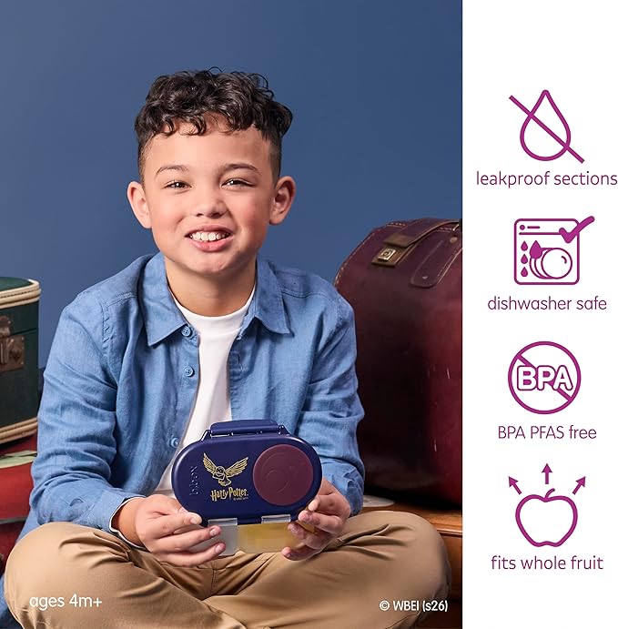 b.box Harry Potter Snack Box - Leakproof 2 Compartment Snack Containers for Kids, Mini Bento Box for Kids & Toddlers, Lunch Containers, Dishwasher Safe, BPA Free, PFAS Free, Ages 4m+, 1.75 Cup