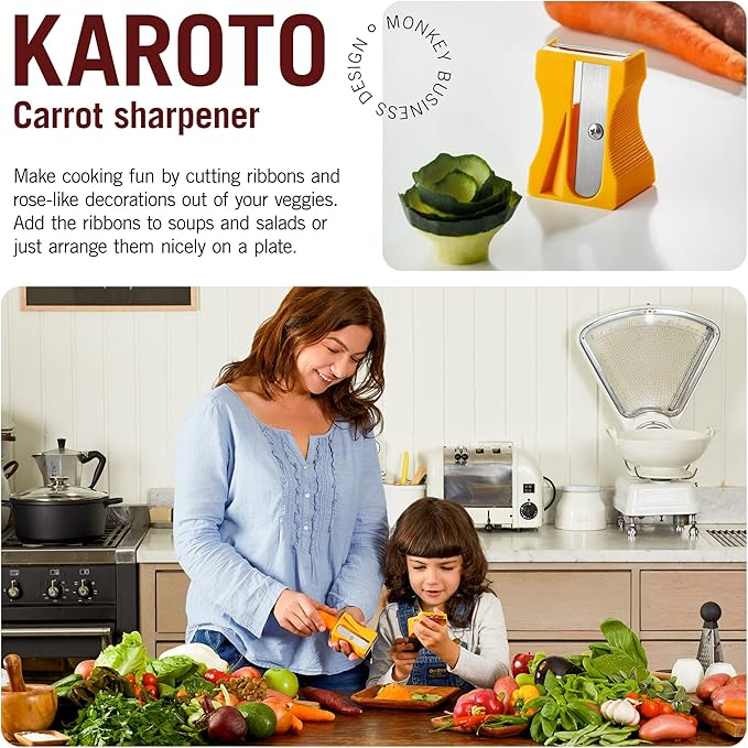 Monkey Business Karoto Carrot Sharpener & Vegetable Peeler – Fun and Unique Kitchen Gadget for Carrots, Cucumbers, and More (Yellow)