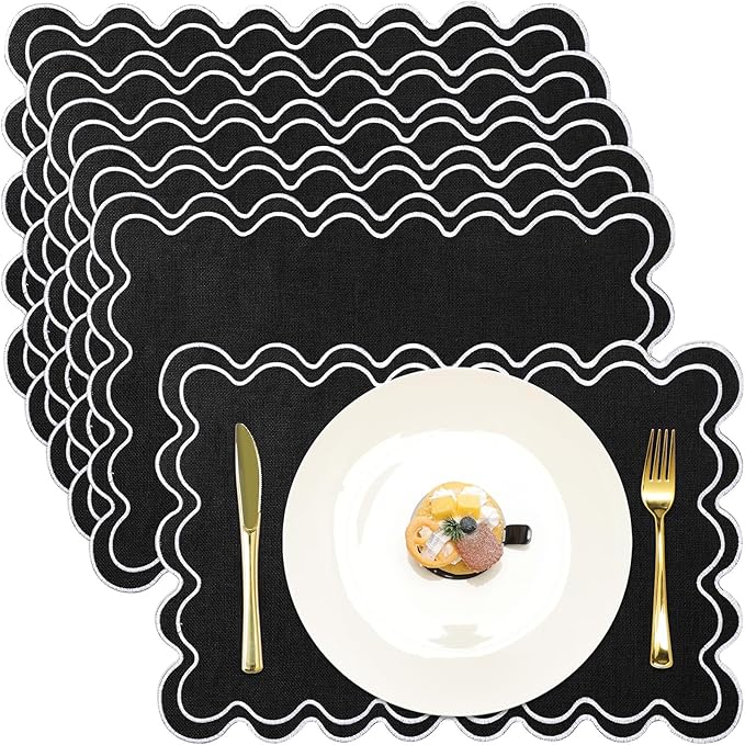 HunnmingRe Set of 6 Cotton Linen Placemats, 13x19 Inch Scalloped Wavy Embroidery Placemat Double Layered Washable Rustic Rectangle Dinner Table Mats for Wedding Home Decor(Black with White)