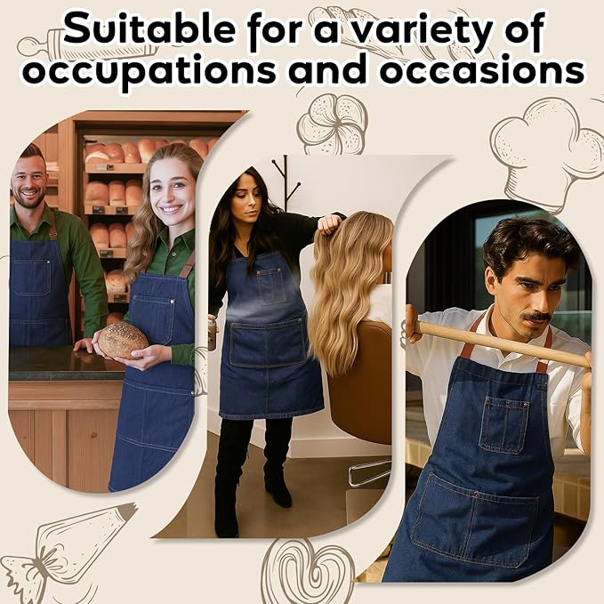 2 Pack Denim Apron with Pocket Adjustable Blue Jean Work Apron for Women Men Kitchen Chef Baking Gardening BBQ Cooking Crafting Woodworking