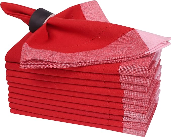 Bedding Craft Christmas Cloth Napkins Set of 12 – 20x20 Red Cotton with Double Hemstitch – Soft, Durable & Washable Table Napkins for Farmhouse Décor, Thanksgiving, Holiday Parties & Everyday Use