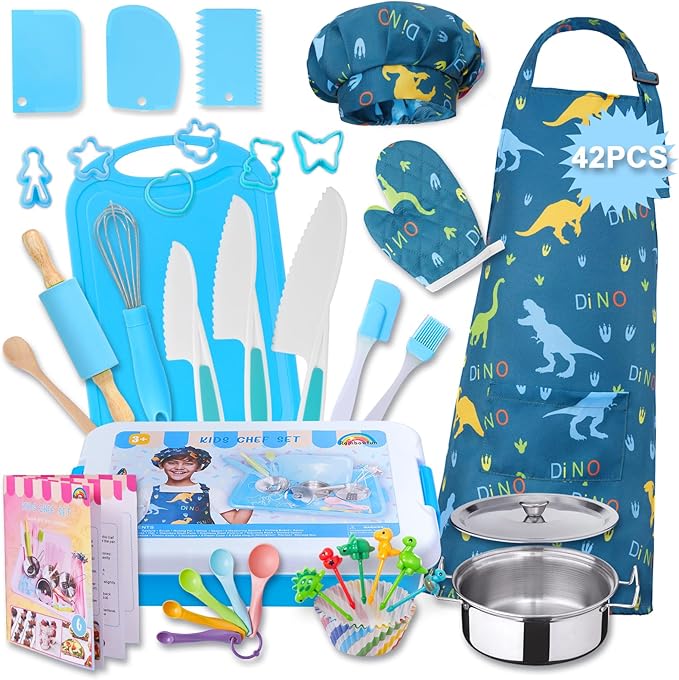 42-Piece Kids Cooking Set - Real Knife, Baking Set, Pots & Pans, Pretend Play Toys - Apron & Chef Hat for Boys