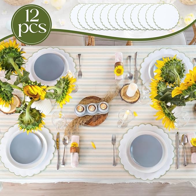 Set of 12 White Cotton Placemats 15 Inch Round Scalloped Embroidery Placemats Washable Double Layered Rustic Table Mat Fabric Napkins for Wedding Table Decor