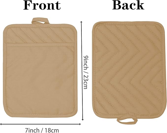 Oven Pot Holder with Pocket Cotton Heat Resistant Coaster Potholder Kitchen Hot Pad Oven Mitts for Cooking Square 7"x9"Set of 5 (Khaki)