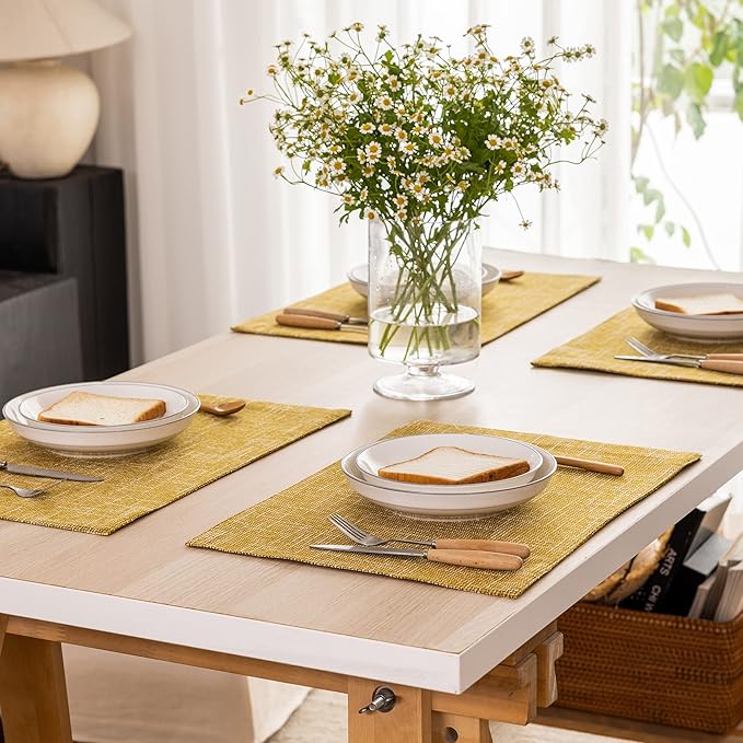 Kevin Textile Burlap Linen Placemats Set of 6 Heat Resistant Dining Table Place Mats Washable Kitchen Table Mats for Dinning Party Holiday Indoor Outdoor, 13 x19 inches, Honey Yellow