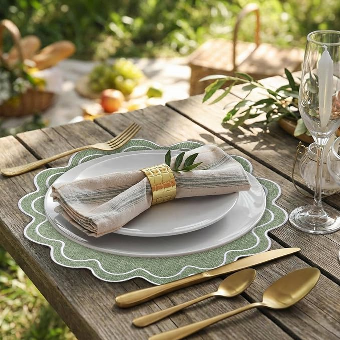 Set of 12 Cotton Linen Placemats, 15x15 Scalloped Flower Embroidery Cloth Table Mat Double Layered Fabric Washable Wrinkle Free Dining Placemat for Restaurant Kitchen Decor (Green with Silver)