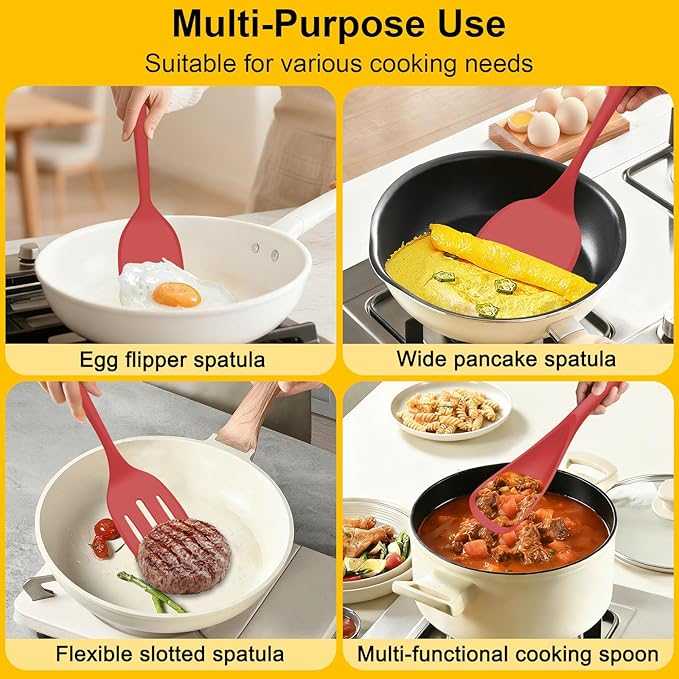 Beijiyi Silicone Spatula Set of 4, 600°F Heat Resistant, BPA Free Kitchen Spatula and Spoons for Nonstick Cookware, Solid & Slotted Turner Cooking Utensils for Serving, Flipping Egg, Pancakes (Red)