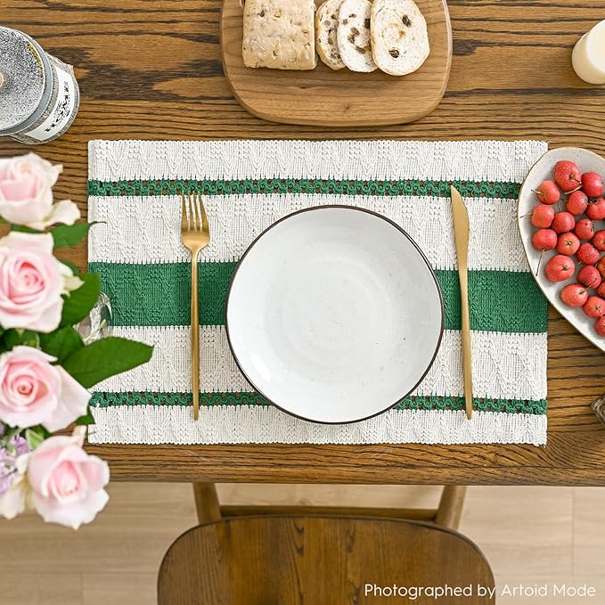 Artoid Mode Dark Green Farmhouse Woven Rustic Placemats Set of 4,12x18 Inch Seasonal Holiday Hollow Table Mats Party Kitchen Dining Decoration