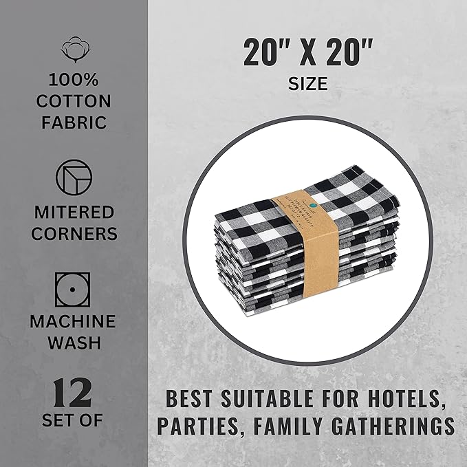 FINGERCRAFT Cloth Napkins, Everyday Use, Premium Quality, Cotton Buffalo Plaid, Set of 12, 20X20 Inch Oversized Napkins Cloth Mitered Corners, Soft, Durable Hotel Quality Black White Checkered