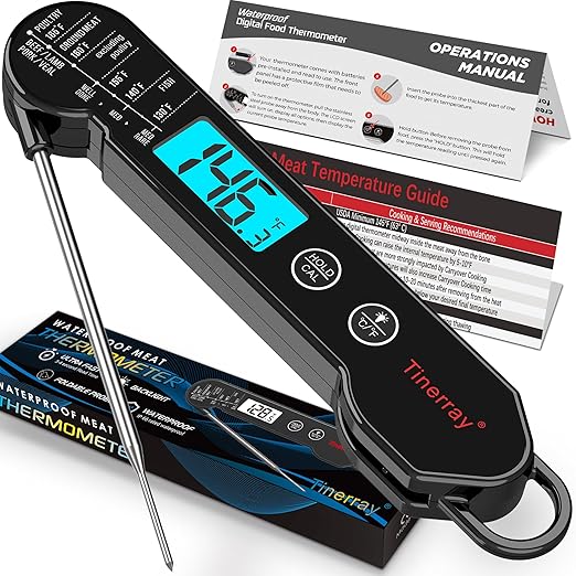 Professional Digital Meat Thermometer Instant Read Waterproof – Folding Probe Food Thermometer with Backlight & Calibration, Fast Read for BBQ, Grill, Deep Fry, Liquids, Gift for Chef (Black)
