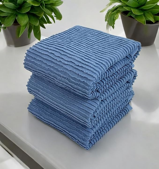 Chambray Light Blue Kitchen Hand Dish Towels: Oversized 28" x 18", 100% Cotton Cloth Soft Cleaning Drying Absorbent Textured Design, Set of 3 Multipurpose for Everyday Use
