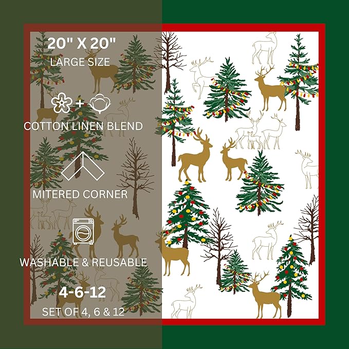 FINGERCRAFT Cloth Napkins, Set of 4 Cotton Linen Blend Printed Dinner Napkins Cloth Mitered Corner Perfect for Parties Dinners Christmas 20x20 Jingle