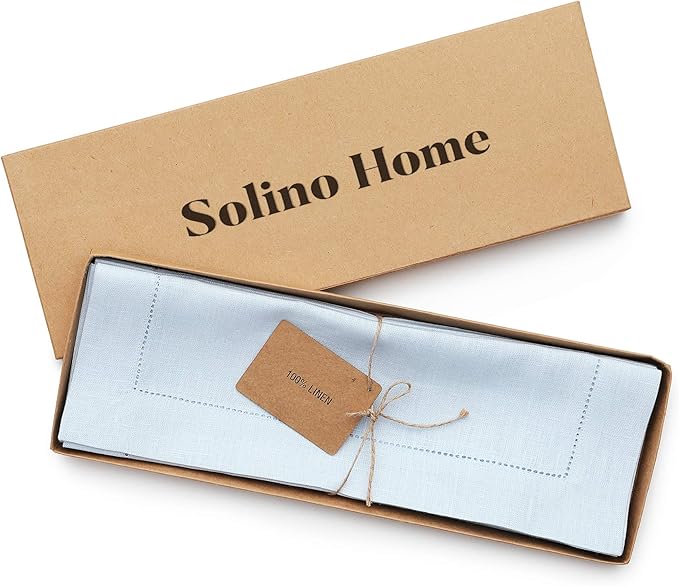 Solino Home Linen Placemats Set of 4 - Classic Hemstitch Light Blue Placemats 14 x 19 Inch - 100% Pure Linen Table Mats for Spring, Summer, Mothers Day