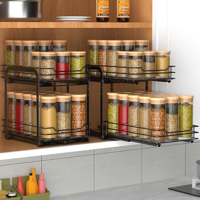 BOIVSHI 2-Tier Spice Rack, Pull Out Spice Racks Organizer for Cabinet, Height Adjustable Heavy Duty Metal Basket for Inside Cabinets & Pantry Closet (7.5''Wx10.5''Dx9.5''H)
