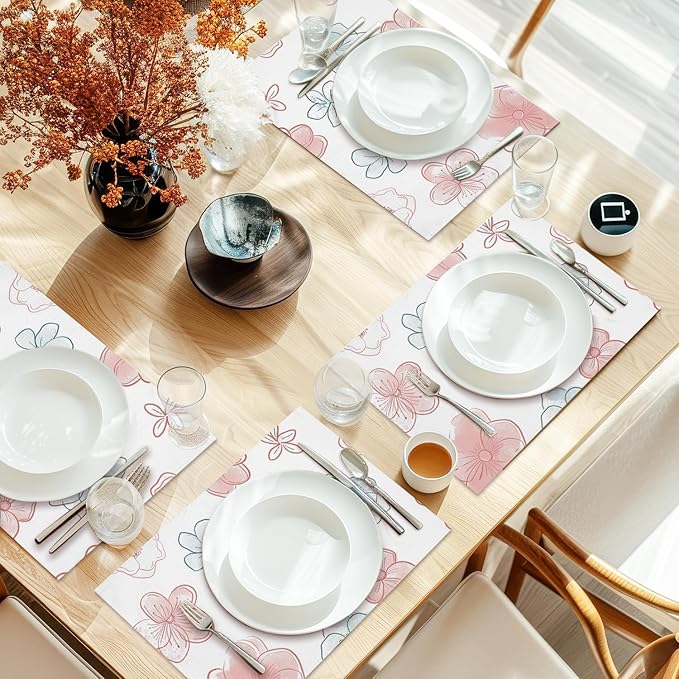 Cotton Linen Waterproof Placemats Set of 4, Watercolor Floral Dining Mat Table Mats Decor Fabric for Kitchen Dinner Coffee Shop Table, Indoor/Outdoor Washable Wipeable Placemat -N025