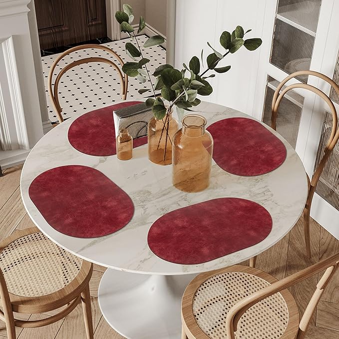 ADRIMER Placemats, Heat Resistant Oval Placemats Set of 8 Washable 12 x 17 Inch, Waterproof Table Mats, Wipeable Pu Place Mats for Kitchen, Dining Room, Wine Red