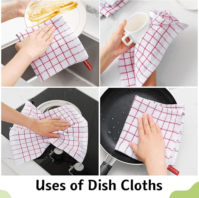 Homaxy 100% Cotton Dish Cloths, 8 Pack-12 X 12 Inches, Check Design Waffle Weave Dish Rags for Washing Dishes, Ultra Absorbent and Fast Drying Dishcloths, Red